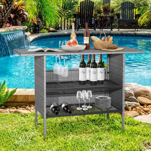 Costway Outdoor Patio Wicker Bar Table Metal Shelves, HW70677