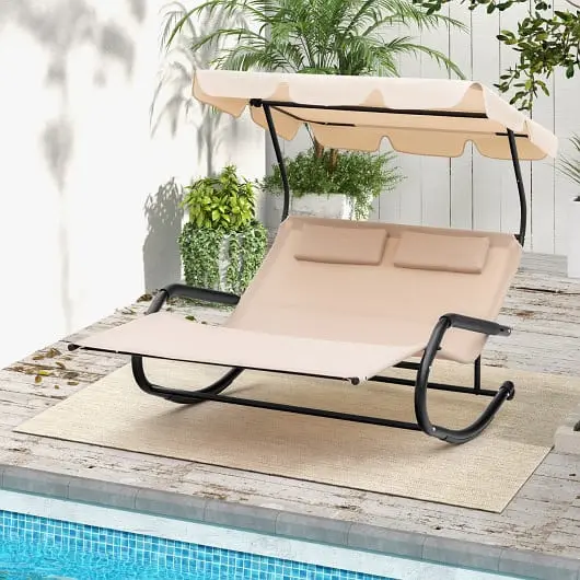 Costway Outdoor 2 Persons Rocking Chaise Lounge Canopy and Wheels, Beige, NP11163BE