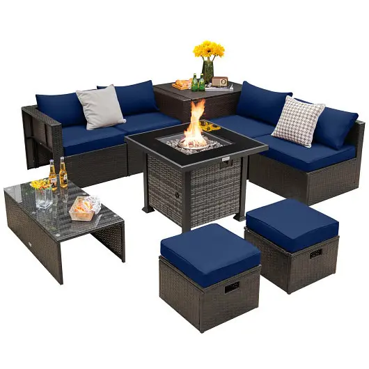 Costway Outdoor 9 Pieces Patio Furniture Set 50 000 BTU Propane Fire Pit Table, Navy, NP10618GR+HW68592NY+