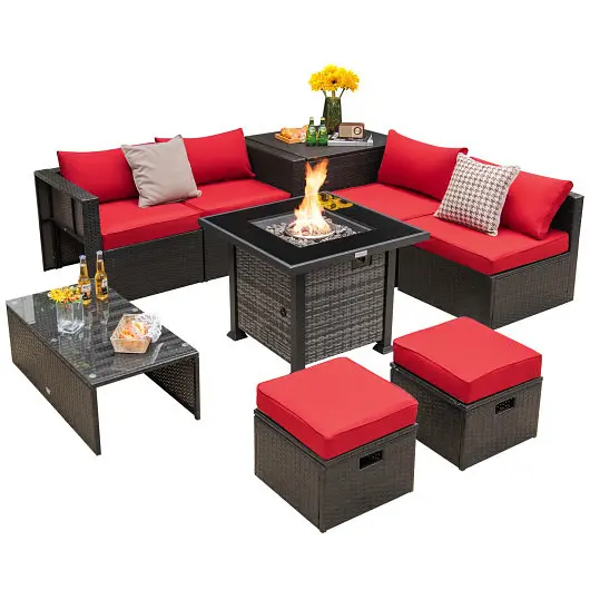 Costway Outdoor 9 Pieces Patio Furniture Set 50 000 BTU Propane Fire Pit Table, Cherry Red, NP10618GR+HW68592RE+