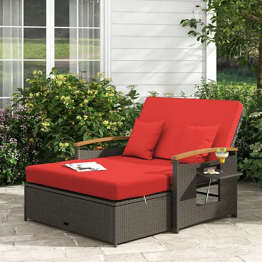 Costway Outdoor Wicker Daybed Folding Panels and Storage Ottoman, Scarlet, HW71627RE+