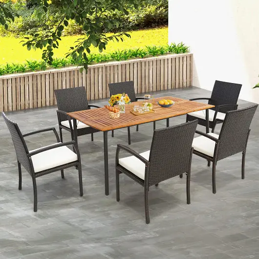 Costway Patio Acacia Wood Dining Table Umbrella Hole and Metal Legs, KC55629