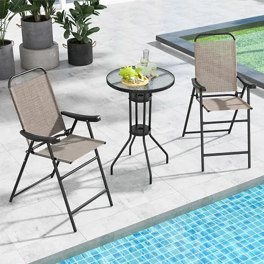Costway Patio Folding Bar Stool Set 2 Metal Frame and Footrest, Coffee, NP11342CF-2
