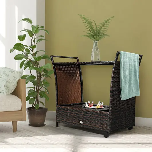 Costway Patio Rattan Bar Serving Cart Glass Top and Handle, HW67182