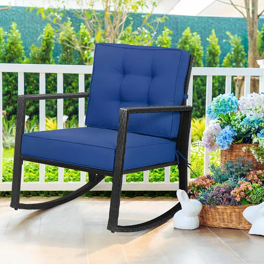 Costway Patio Rattan Rocker Outdoor Glider Rocking Chair Cushion Lawn, Navy, HW66722NY