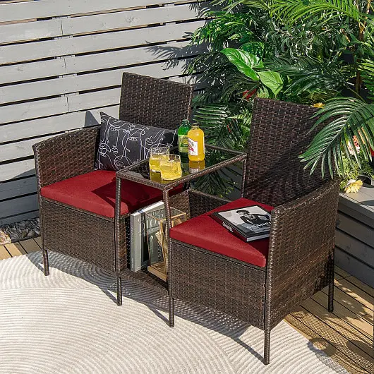 Costway Patio Rattan Wicker Conversation Set Sofa Cushioned Loveseat Glass Table, Red, HW68786RE