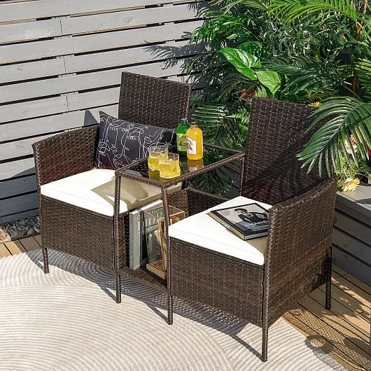 Costway Patio Rattan Wicker Conversation Set Sofa Cushioned Loveseat Glass Table, Off Off-White, HW68786BN