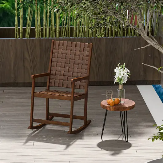 Costway Patio Wood Rocking Chair PU Seat and Rubber Wood Frame, Brown, JV11287BN