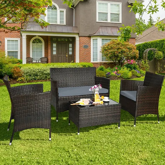 Costway 4 Pcs Cozy Outdoor Rattan Sofa Set Glass Coffee Table, Gunmetal, HW67772GR