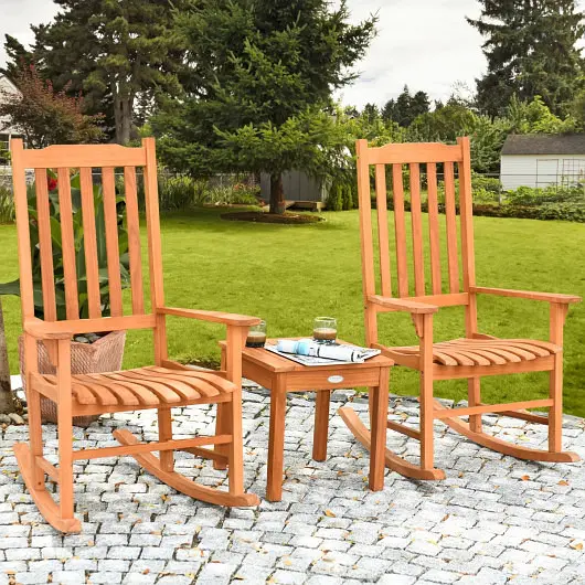 Costway 3 Pcs Eucalyptus Rocking Chair Set Coffee Table, HW63702