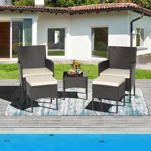 Costway 5 Pcs Outdoor Wicker Sofa Set Coffee Table and 2 Ottomans, HW70640