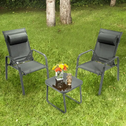 Costway 3 Pcs Patio Bistro Furniture Set Adjustable Backrest, Grey, NP10222GR