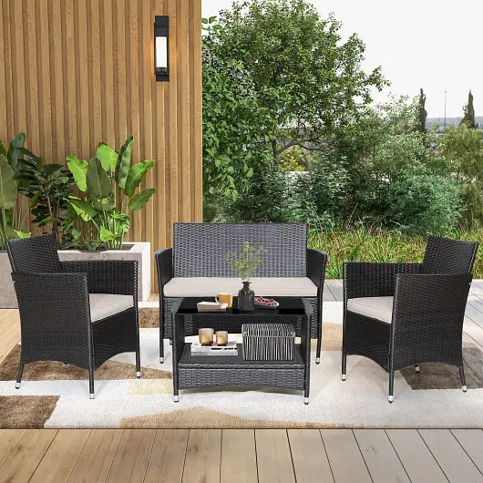 Costway 4 Pcs Patio Conversation Set Soft Cushions and Tempered Glass Tabletop, HW70627