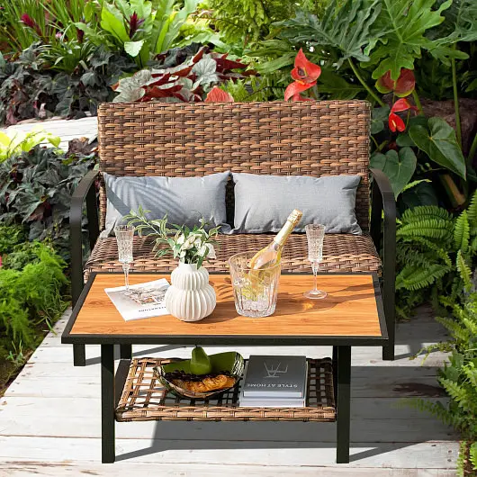 Costway 2 Pcs Patio Rattan Coffee Table Set Shelf and Quick Dry Cushion, NP10969