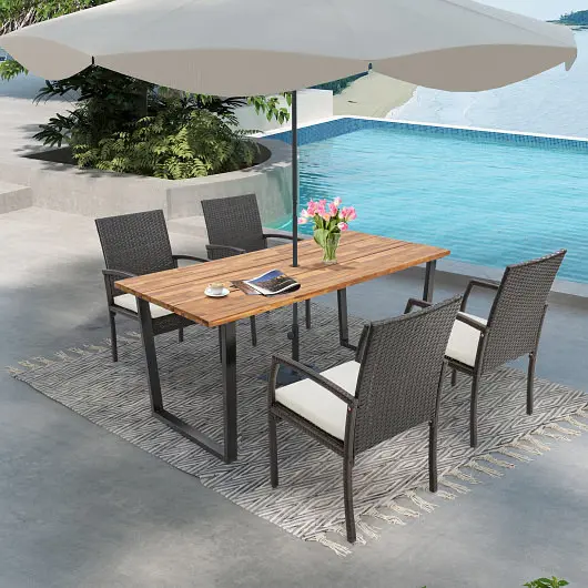 Costway 5 Pcs Patio Rattan Dining Set Umbrella Hole and Seat Cushions, HW70830-4+HW70840