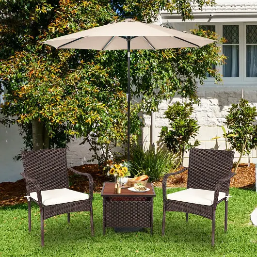 Costway 3 Pcs Patio Rattan Furniture Bistro Set Wood Side Table and Stackable Chair, OP70822