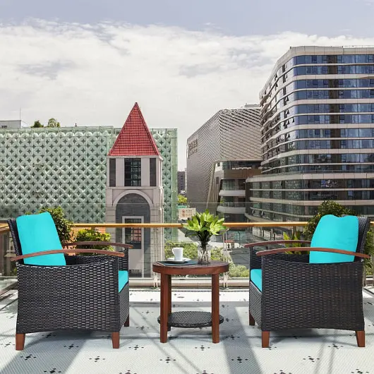 Costway 3 Pcs Patio Rattan Furniture Set Washable Cushion and Acacia Wood Tabletop, Turquoise, HW65226TU