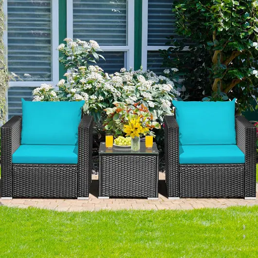 Costway 3 Pcs Patio Wicker Conversation Set  Cushion, Turquoise, HW66529ATU+