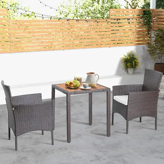 Costway 3 Pcs Patio Wicker Furniture Set wih Acacia Wood Table Top and Chair Cushiones, HW70678