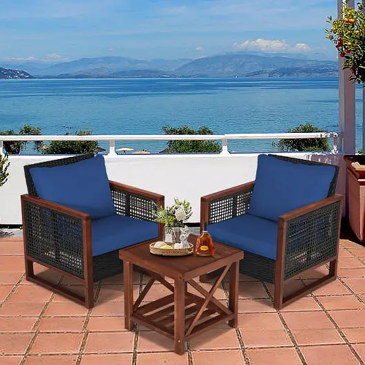 Costway 3 Pcs Patio Wicker Furniture Set Washable Cushion and Acacia Wood Coffee Table, Navy, HW69299LB