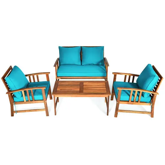 Costway 4 Pcs Wooden Patio Furniture Set Table Sofa Chair Cushioned Garden, HW62425TU+