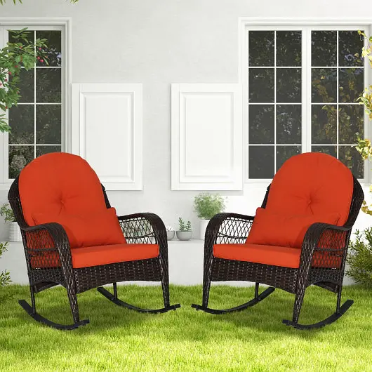 Costway Performance Patio Rattan Rocking Chair Seat Back Cushions and Waist Pillow, Orange, HW70822RE