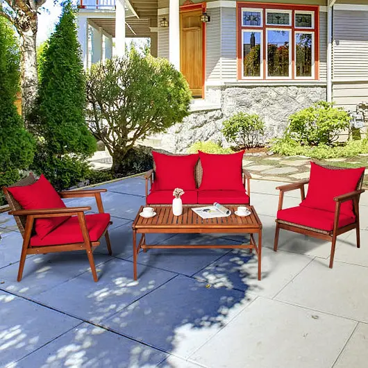 Costway 4 Piece Acacia Wood Patio Rattan Furniture Set, Cherry Red, HW66517RE+