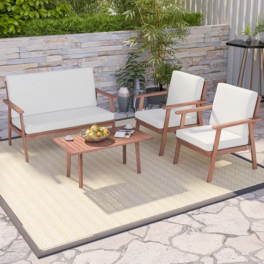 Costway 4 Piece Outdoor Acacia Wood Conversation Set Soft Seat and Back Cushions, Ivory, HW71498WH+