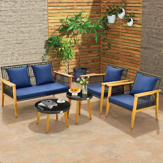 Costway 5 Piece Outdoor Conversation Set 2 Coffee Tables Backyard Poolside, Navy, HW71619NY+