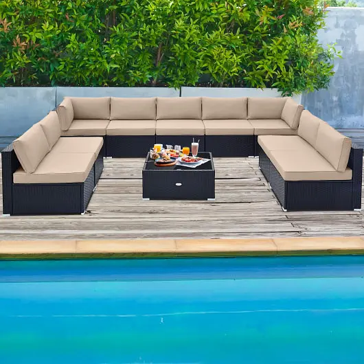 Costway 10 Piece Outdoor Wicker Conversation Set Seat and Back Cushions, Beige, HW71507BN+