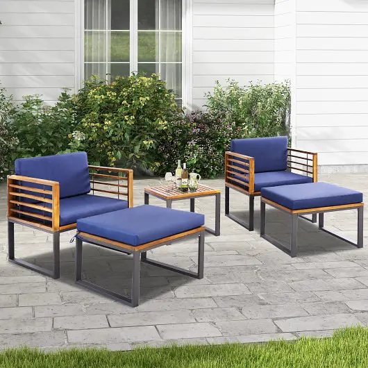 Costway 5 Piece Patio Acacia Wood Chair Set Ottomans and Coffee Table, Navy, HW70980NY+