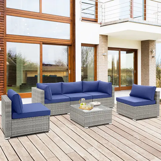Costway 6 Piece Patio Conversation Sofa Set Tempered Glass Coffee Table, Navy, HW71245NY+