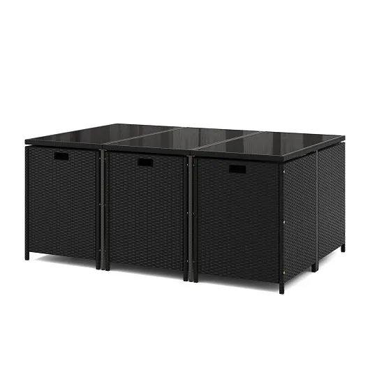 Costway 11 Piece Patio Dining Set Wicker Chairs and Tempered Glass Table Waterproof Cushions, Black & White, HW71702WH+