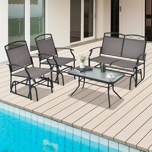 Costway 4 Piece Patio Glider Conversation Set Tempered Glass Table Top, Chocolate, NP10952BN-1+NP10952BN-