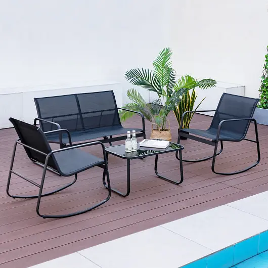 Costway 4 Piece Patio Rocking Set Glass-Top Table, Matte Black, NP11539DK