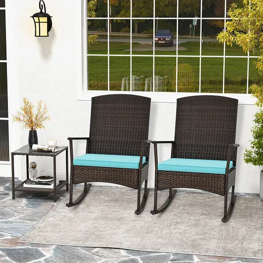 Costway 3 Piece Patio Rocking Set Wicker Rocking Chairs 2-Tier Coffee Table, Turquoise, HW71631TU