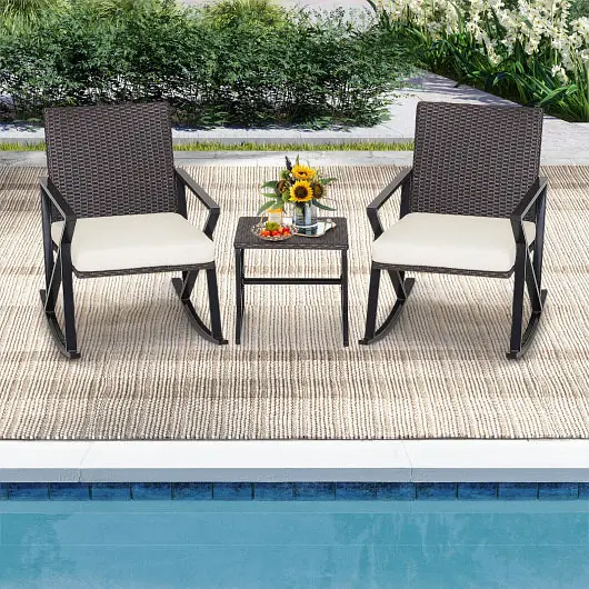 Costway 3 Piece Patio Wicker Rocking Chairs Set Heavy-Duty Metal Frame, HW70739