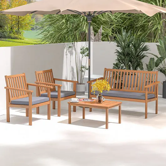 Costway 4 Piece Patio Wood Furniture Set Acacia Wood Sofa Set Loveseat, Slate Gray, HW72093GR
