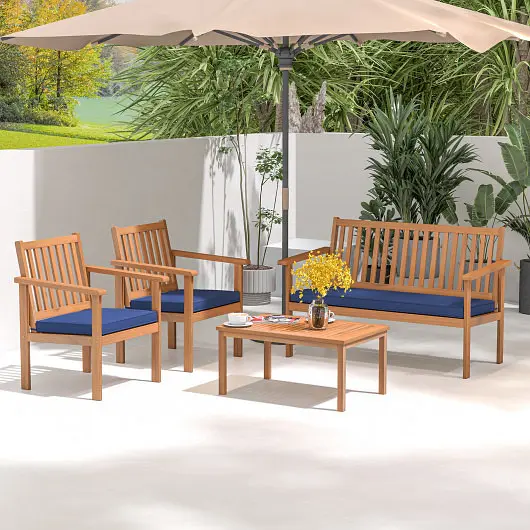 Costway 4 Piece Patio Wood Furniture Set Acacia Wood Sofa Set Loveseat, Navy, HW72093NY