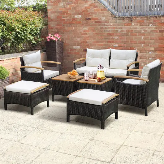Costway 7 Piece Rattan Patio Sofa Set Acacia Wood Tabletop and Armrests, HW70450+