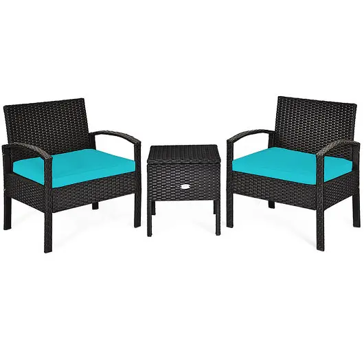 Costway 3 Piece PE Rattan Wicker Sofa Set Washable and Removable Cushion Patio, Turquoise, HW63757TU