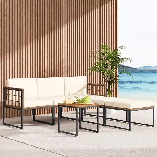 Costway 6 Pieces Acacia Wood Patio Furniture Set Coffee Table and Ottomans, Beige, HW71666BN+