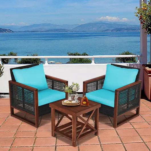 Costway 3 Pieces Acacia Wood Patio Furniture Set Coffee Table, Turquoise, HW65227TU