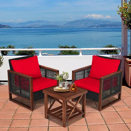 Costway 3 Pieces Acacia Wood Patio Furniture Set Coffee Table, Fire Red, HW65227RE