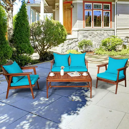 Costway 4 Pieces Acacia Wood Patio Rattan Furniture Set, Turquoise, HW68969TU+