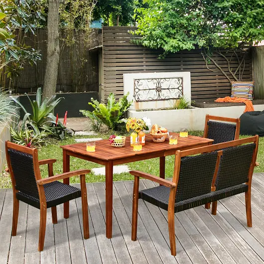 Costway 4 Pieces Acacia Wood Patio Rattan Dining Furniture Set, HW70441+
