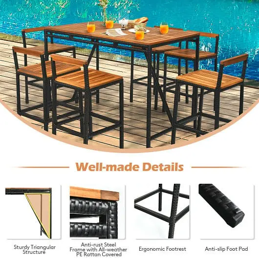 Costway 7 Pieces Acacia Wood Patio Rattan Bar Set Umbrella Hole, HW68237+
