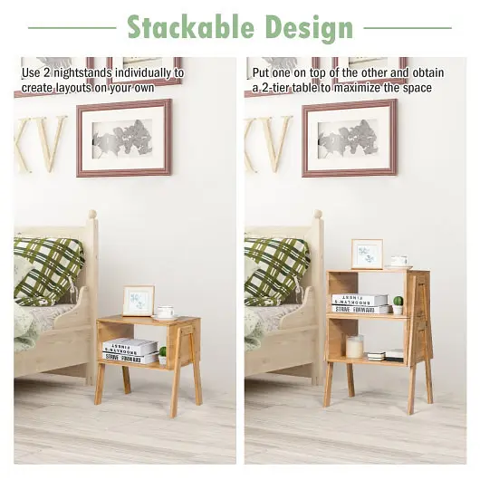 Costway 2 Pieces Bamboo Nightstand Sofa Table Storage Shelf, HW61736
