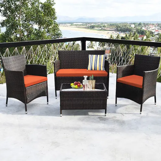 Costway 4 Pieces Cozy Outdoor Rattan Sofa Set Glass Coffee Table, Orange, HW67772OR