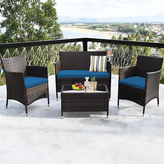 Costway 4 Pieces Cozy Outdoor Rattan Sofa Set Glass Coffee Table, Peacock Navy Blue, HW67772PB